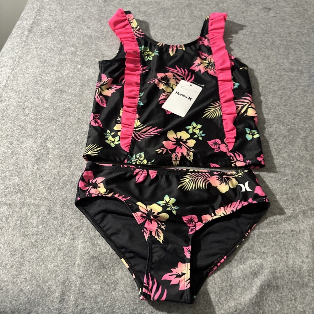 Hurley Girls 2-Piece Fully Lined Ruffle Tankini Swim Set, Large 10/12 NWT